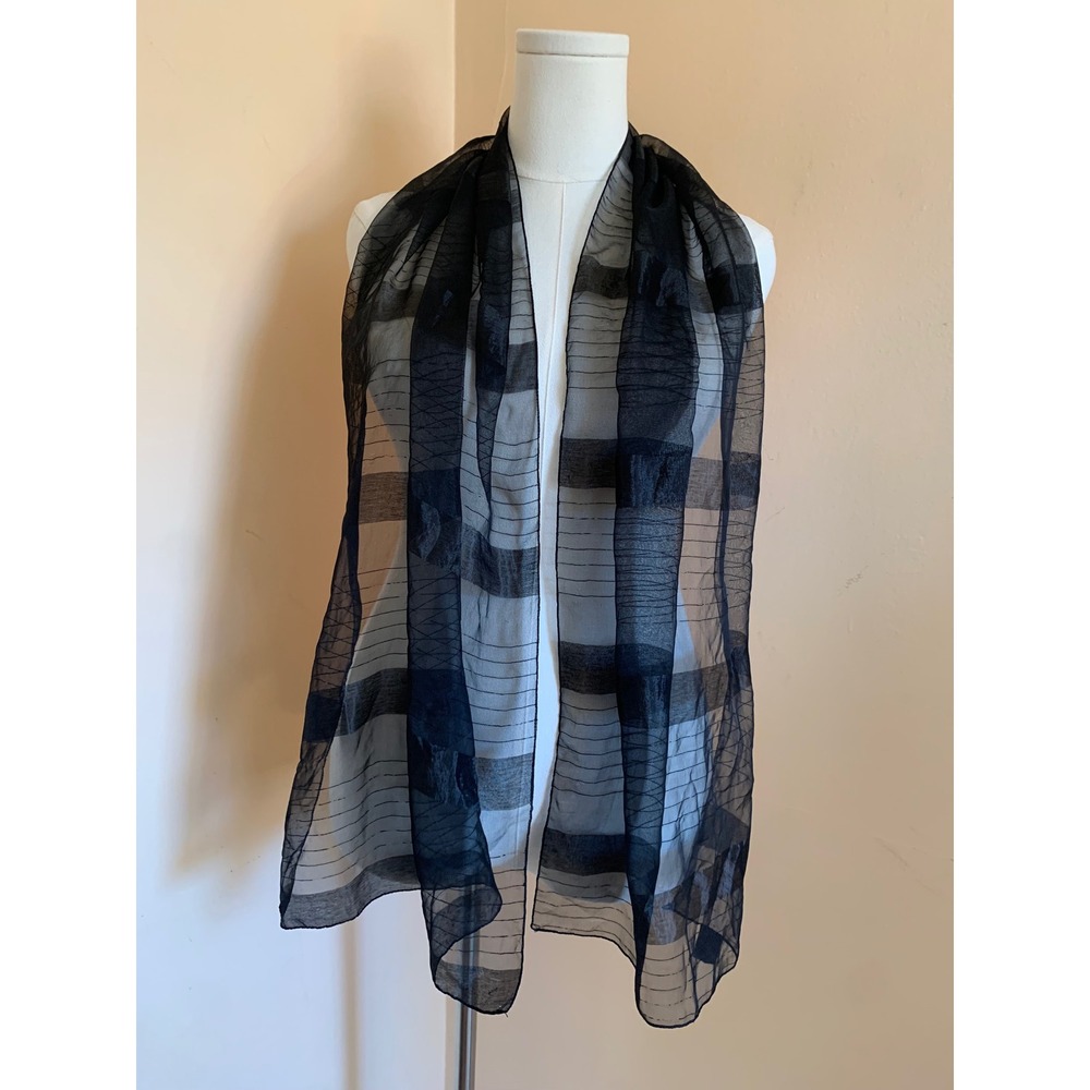 Black Sheer Striped Lightweight Scarf Rectangular Wrap Vintage Made in Italy